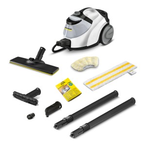 Kärcher Dampfreiniger SC 5 EasyFix Iron Plug mit Zubehör wie Düsen, Bürsten und Bodentüchern.