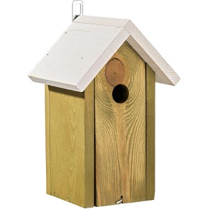 Vogelnistkasten aus Pinie, olive-weiß, mit rundem Einflugloch für Wildvögel.