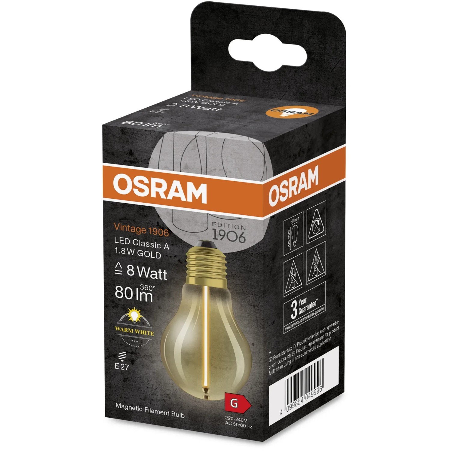 Osram LED-Lampe E27 in Glühlampenform, 1,8W, warmweiß, im Karton.