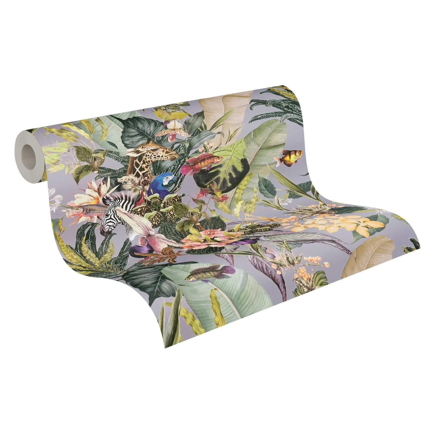 Vliestapete mit Blumen, Tieren, Dschungel-Motiv in Grün und Grau.