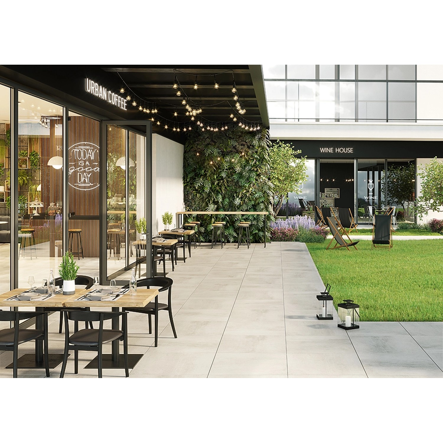 Cersanit Grava Terrassenplatten in Lichtgrau verlegt vor Café und Weinhaus.