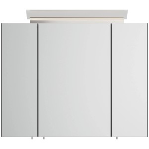 Grafitfarbener Posseik Spiegelschrank 80 cm mit 3 Spiegeltüren, Design LED-Lampe und Glasböden für das Bad.