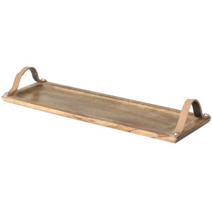 Boltze Deko-Tablett Malus aus Mangoholz mit Ledergriffen, braun, 38 cm.