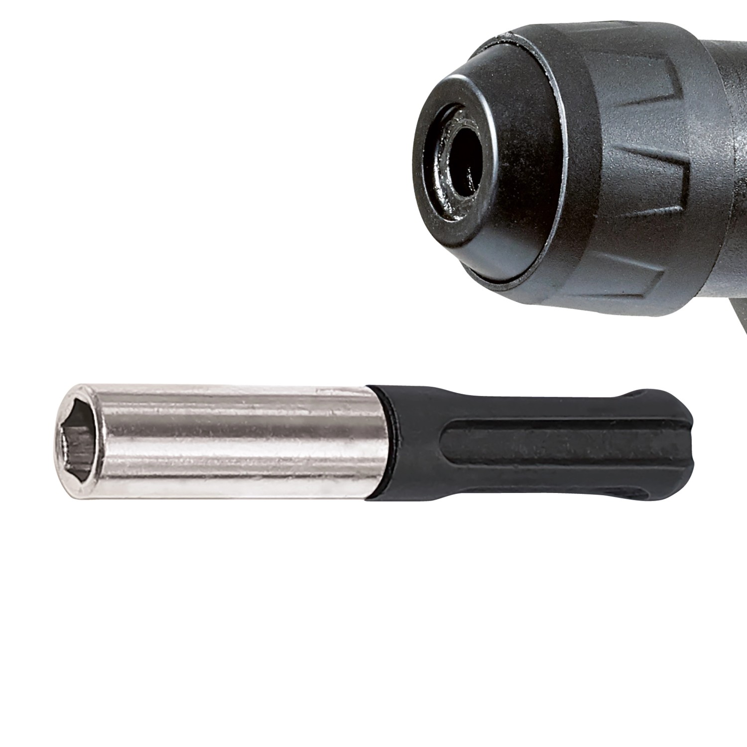 Detailaufnahme: Einhell Akku-Bohrhammer TE-HD 18 Li-Solo mit Bit-Adapter.