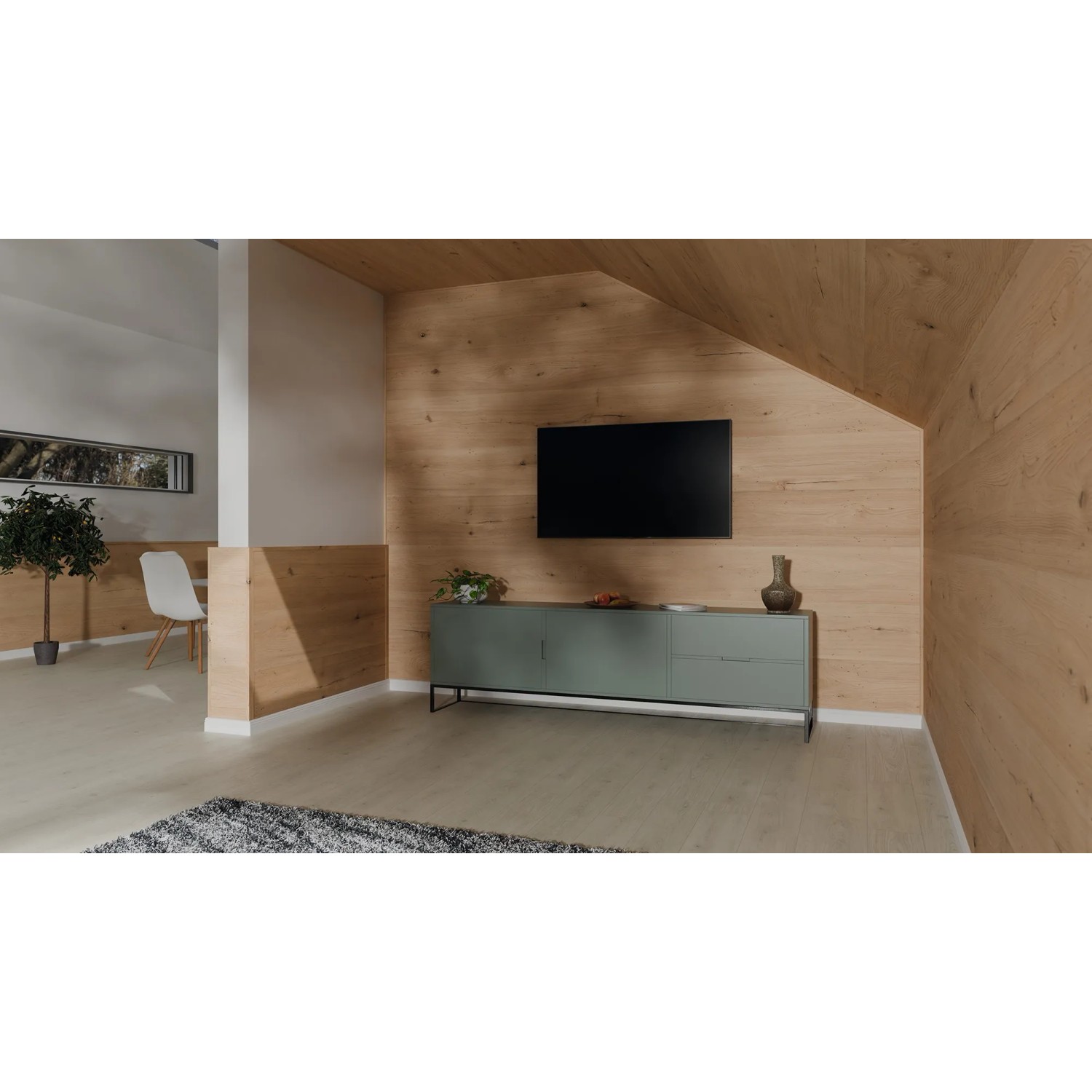 Wohnraum mit Egger Decowall Faltleiste FL009 Esbjerg in Hellbraun als Wandverkleidung.