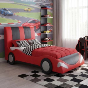 Schwarz-rotes Autobett (190x100cm) mit Lattenrost und Kunstlederbezug.
