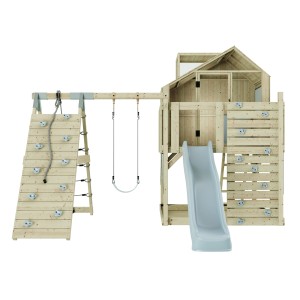 PolarPlay Kinderschaukel Anika Eisblau mit Rutsche, Kletterwand und Spielhaus aus Holz.