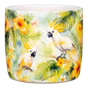 Dekorativer Übertopf Summer Bloom mit tropischem Kakadu-Motiv, grünen Blättern und gelben Blüten.
