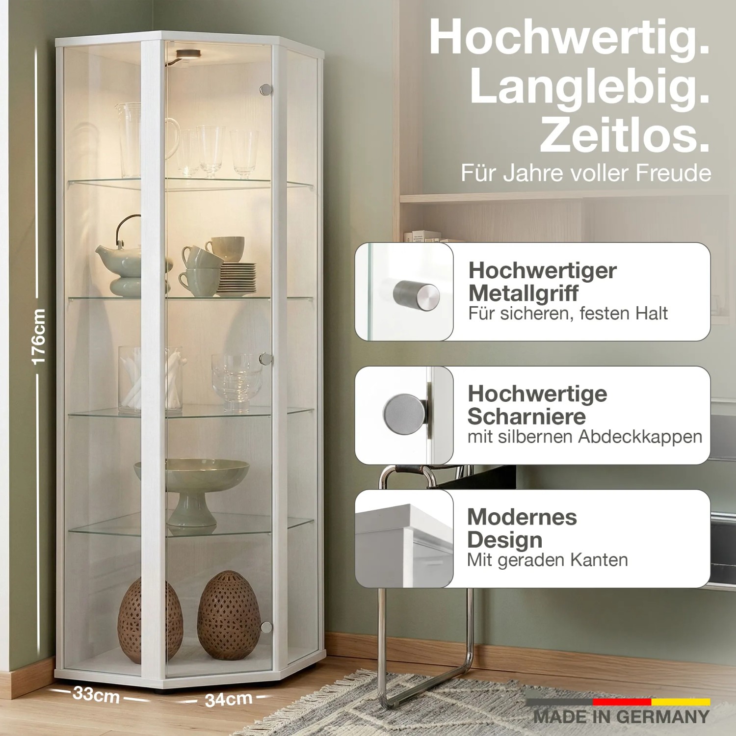 K-Möbel Eckvitrine Glas Stehend 176x56,5x56,5 cm Made in Germany mit LED & 4 Glasböden Weiss kaufen bei OBI
