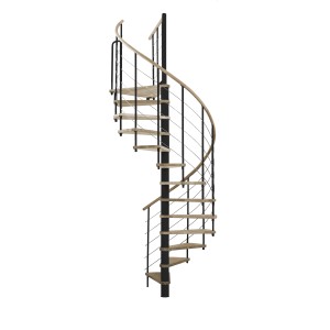 Minka Spindeltreppe Venezia Eiche Schwarz, 120 cm Durchmesser. Wendeltreppe mit Holzstufen und schwarzem Metallgeländer.