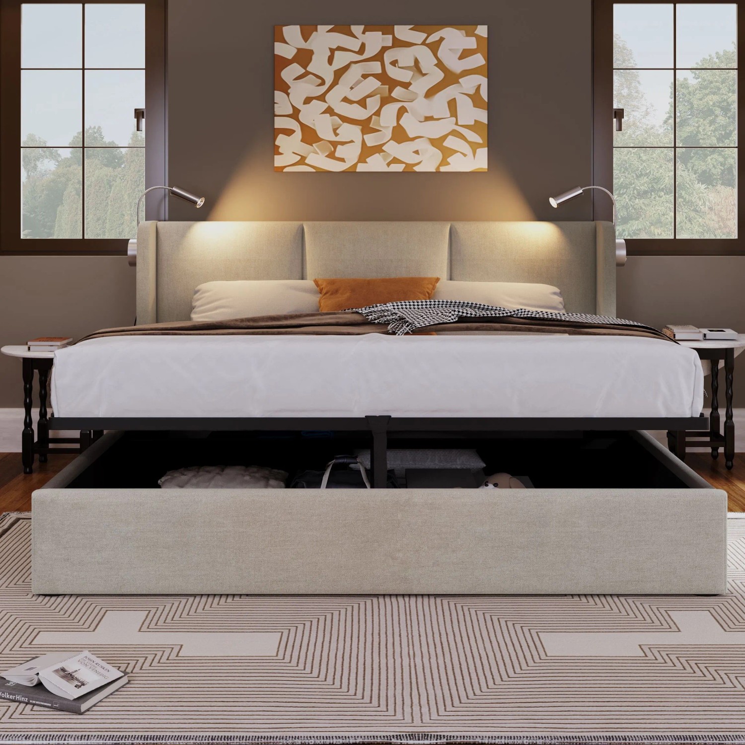okwish Polsterbett 160x200cm mit Stauraum USB Leselicht Jugendzimmer Beige ohne Matratze_4
