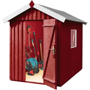 Weka Holz-Gartenhaus Schwedenrot mit Satteldach und geöffneter Tür, Gartengeräte sichtbar.