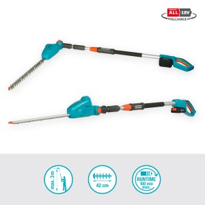Gardena Akku-Teleskop-Heckenschere THS 42/18V, mit Akku und Ladegerät, ausgefahren und eingeklappt.