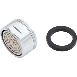 Verchromte Mischdüse M24 mit Wassersparfunktion und Dichtungsring für Sanitärarmaturen.