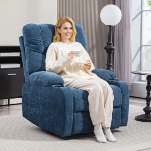 Blauer HOMCOM Relaxsessel aus Polyester mit Liege- und Drehfunktion, Frau entspannt mit Tasse. Loungesessel.