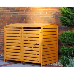 Honigfarbene Promadino Mülltonnenbox Vario III aus Kiefernholz für zwei Mülltonnen.