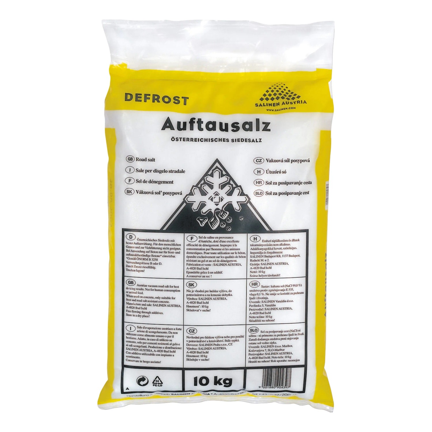 Sack Auftausiedesalz, 10 kg, zur Winterglättebekämpfung auf Wegen und Straßen.