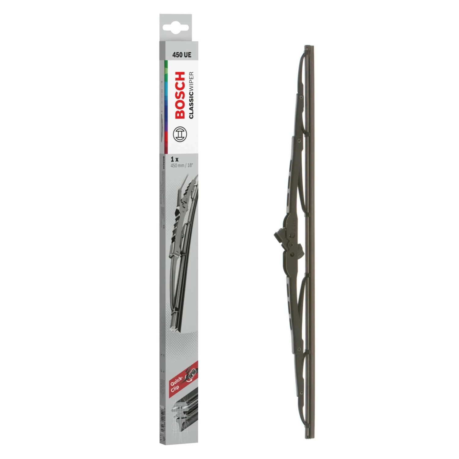 BOSCH ClassicWiper 450UE: Scheibenwischer im Karton und einzeln, für klare Sicht beim Autofahren.