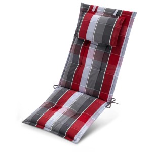 Beautissu Hochlehnerauflage, grau-rot-hellblau kariert, mit Kopfkissen und Bändern für Gartenstuhl.