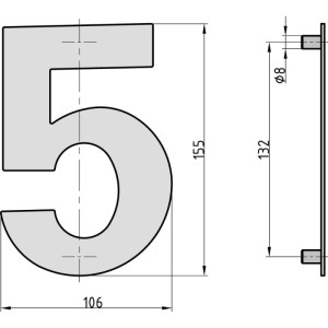 Technische Zeichnung der Hausnummer 5 aus Edelstahl, mit Maßangaben.