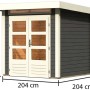 Karibu Holz-Gartenhaus Kumla, terragrau, Pultdach, 200x200 cm, mit Maßangaben.