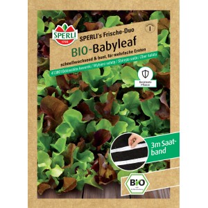 Sperli Bio Babyleafsalat Mischung Saatband Packung mit grünen und roten Salatblättern.