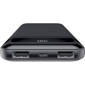 Schwarze Schwaiger Powerbank mit Kapazitätsanzeige und 10.000 mAh im Kunststoffgehäuse.