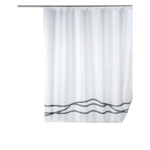 Weißer Wenko Anti-Schimmel Duschvorhang Noa mit grauem Wellenmuster, 180x200 cm.
