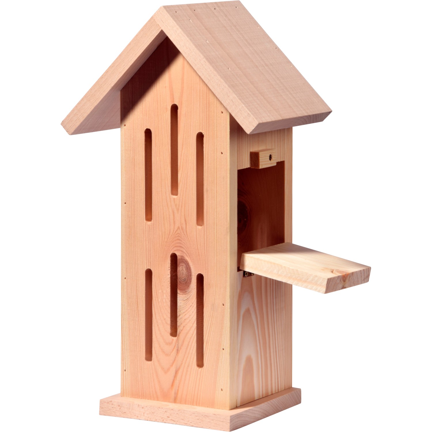 Sonnenfalter Design Schmetterlingshaus aus Naturholz mit Landeplattform und Schlitzen.