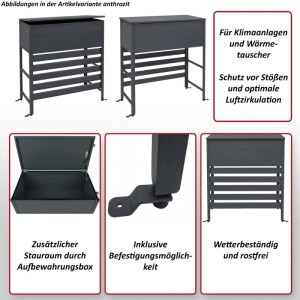 Anthrazitfarbene MCW Aluminium Verkleidung für Klimaanlage/Wärmetauscher mit Stauraum, verschiedene Ansichten.