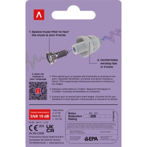 Rückseite der Alpine PartyPlug Gehörschutz-Verpackung mit Ohrstöpsel-Explosionszeichnung, Musikfilter, 3 Größen S/M/L, SNR 19 dB.