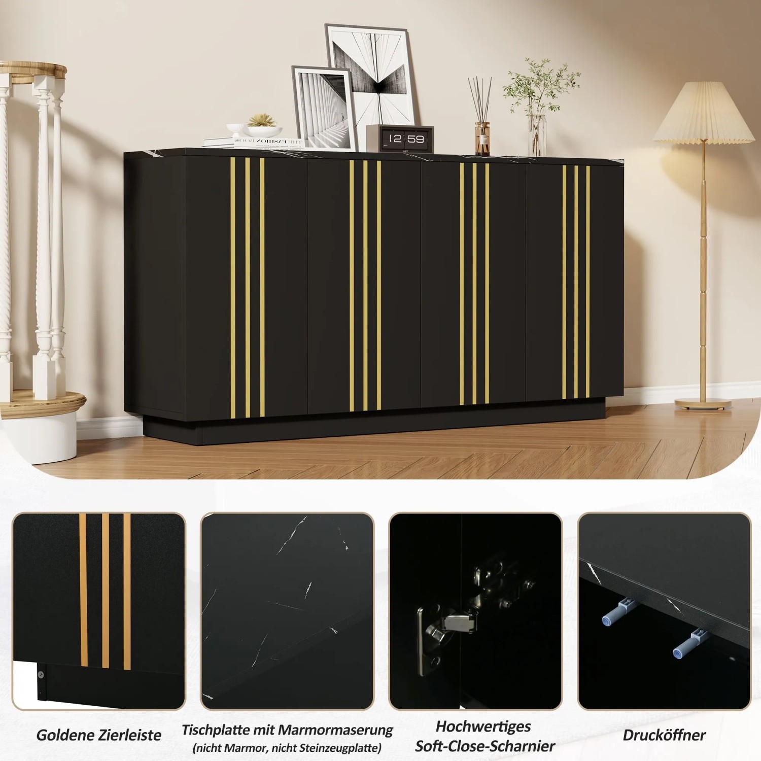 okwish Sideboard mit 4 Türen Verstellbaren Trennwänden Wohnzimmer 140x35x70cm Schwarz_7