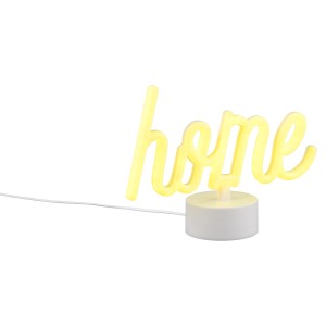 Weiße Reality LED-Tischleuchte Casa mit gelbem "Home" Schriftzug. Dekorative Lampe für gemütliches Ambiente.