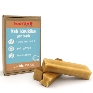 Supravit Yak Kaukäse 3er Pack Größe L für Hunde. Helle Kauknochen neben brauner Verpackung.