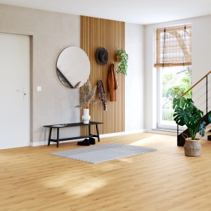 Verlegtes Feinsteinzeug Cersanit Timberfox in Naturholz-Optik im Eingangsbereich eines Hauses.