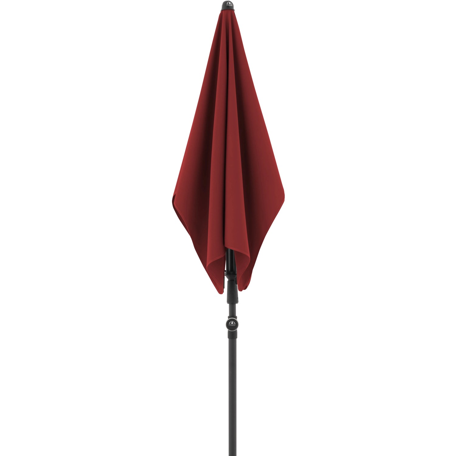 Geschlossener, bordeauxroter Doppler Marktschirm 120x200 cm mit Handöffner.