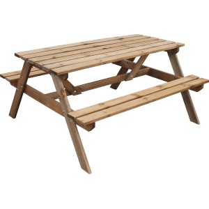 Brauner Picknick-Gartentisch aus Holz mit zwei Bänken für bis zu 4 Personen.