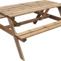 Brauner Picknick-Gartentisch aus Holz mit zwei Bänken für bis zu 4 Personen.