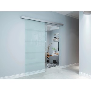 Satinierte Glasschiebetür Viento mit Alu-Griff und Schienensystem im Raum.