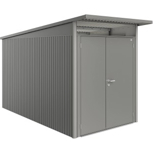 Biohort Metall-Gerätehaus AvantGarde A4 in Quarzgrau-Metallic mit Doppeltür.