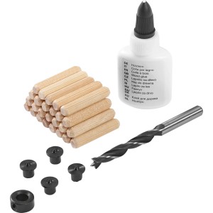 LUX-TOOLS Dübelset Ø 8 mm: 32-teilig mit Holzdübeln, Holzleim, Spiralbohrer und Dübelsetzer.