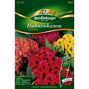 Samentüte Quedlinburger Hahnenkamm Mischung mit roten, gelben und orangefarbenen Blüten.