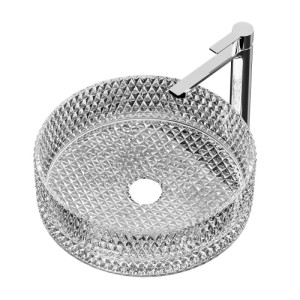 Rundes Emke Aufsatzwaschbecken aus Klarglas mit facettierter Oberfläche. Modernes Handwaschbecken für Bad & Gäste-WC.