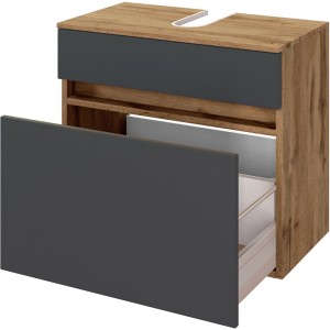 Held Möbel Waschbeckenunterschrank Bari, 60 cm, matt Grau und Wotaneiche Dekor mit Auszug.