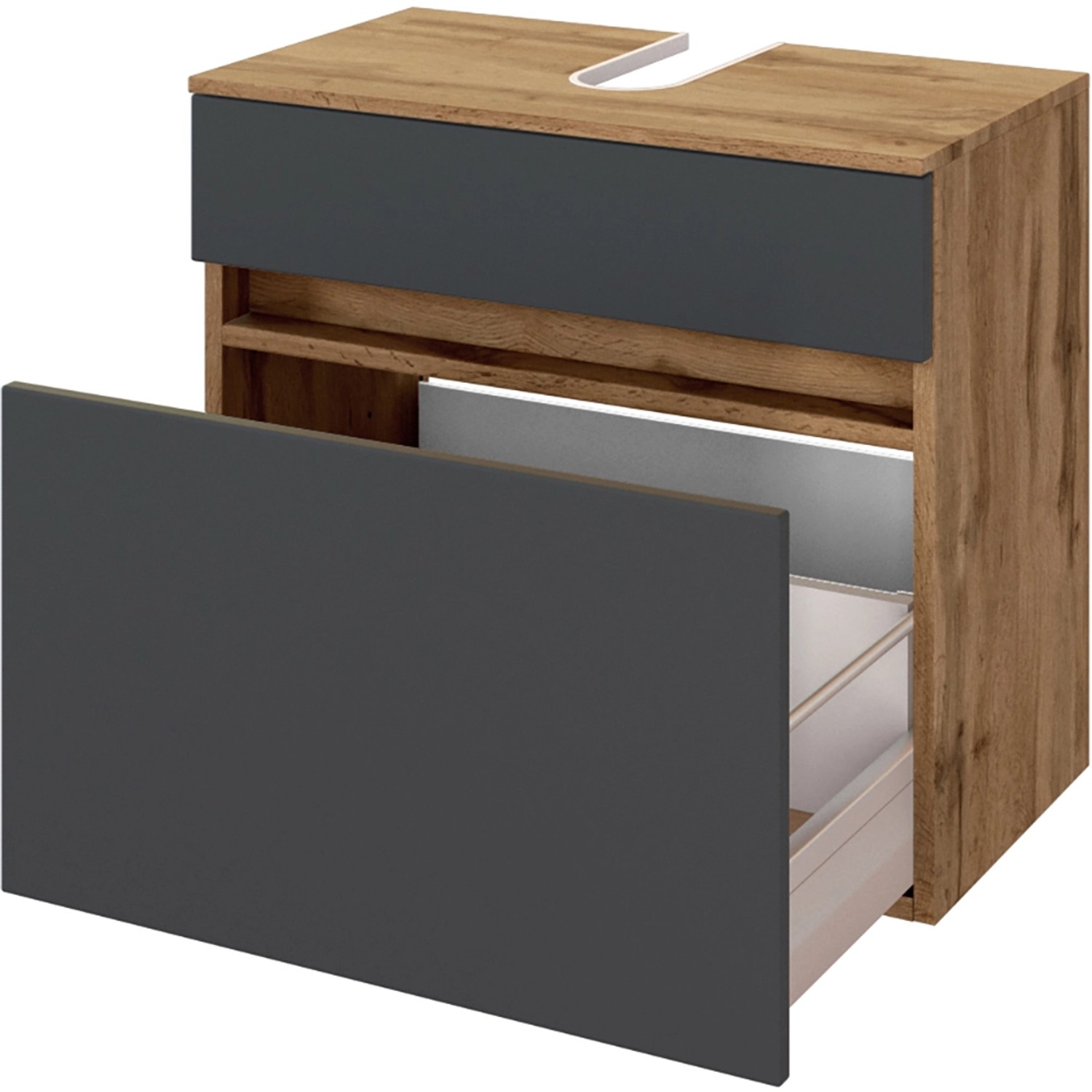 Held Möbel Waschbeckenunterschrank Bari, 60 cm, matt Grau und Wotaneiche Dekor mit Auszug.