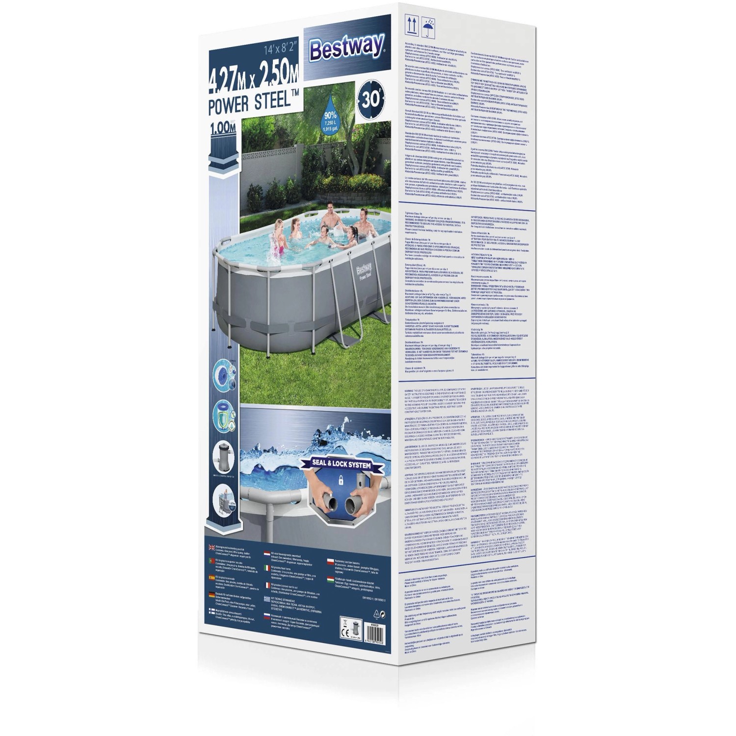 Verpackung des Bestway Stahlrahmenpool-Set Power Steel, oval, 427x250x100 cm.