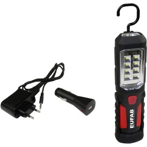 Eufab Akku-LED-Werkstattleuchte mit Haken, Magnet und Ladegerät für Pannenhilfe.