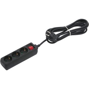 Schwarze 3-fach Steckdosenleiste mit Schalter und 3 m Kabel für den Innenbereich.