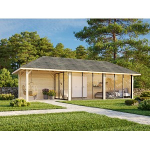 Palmako Pavillon Bianca Set, 876x300 cm, weiß lackiert. Weekendhaus mit Schiebetüren und Holzpfosten.