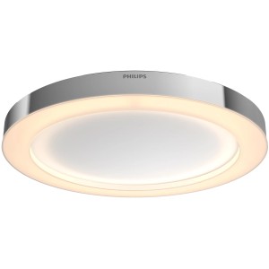 Runde Philips Hue Deckenleuchte Adore in Chrom mit Dimmer und warmweißem Licht.